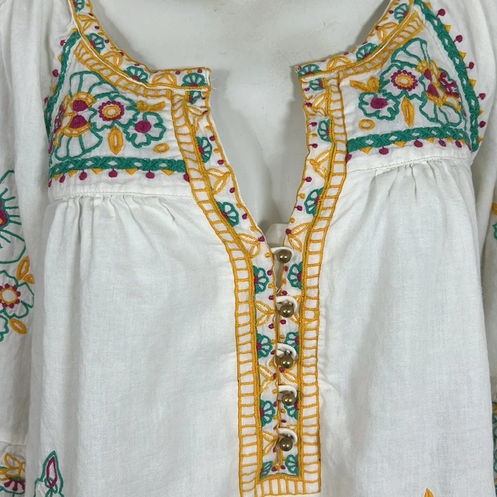 Anthropologie White Embroidered Tunic with Teal & Yellow Accents - Picture 5 of 15